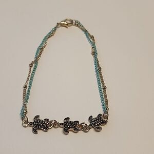 Sea Turtle Chain Bracelet 7 3/4" Wrist Size Gold Tone & Blue